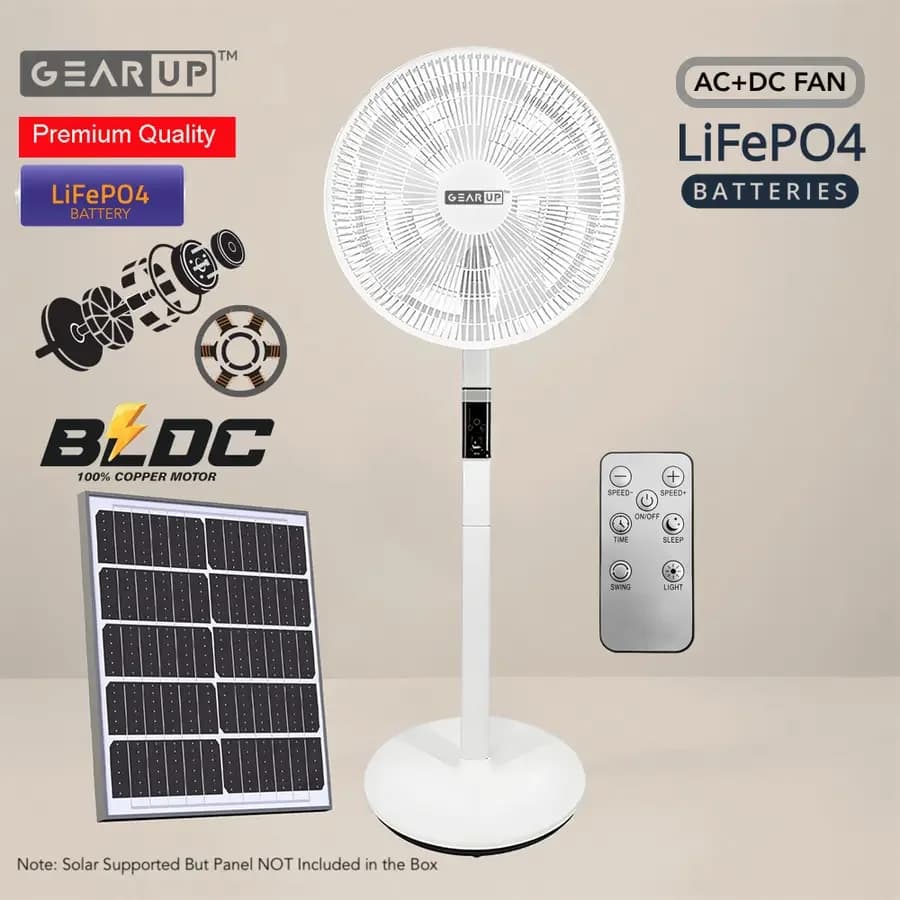 GearUP GP90 - 14 inch Premium Rechargeable LifePO4 + BLDC AC+ DC+ Solar Stand Fan (Without Solar Panel)